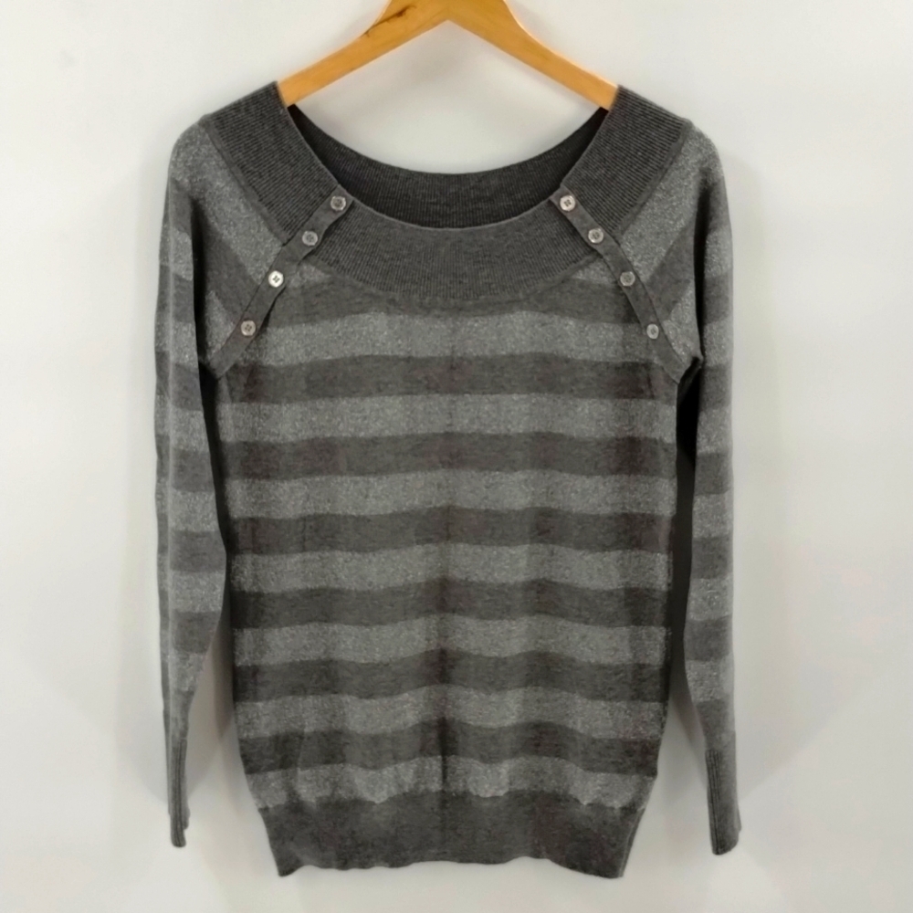 Cache' sweater size medium two tone gray button detail metallic striped Cache